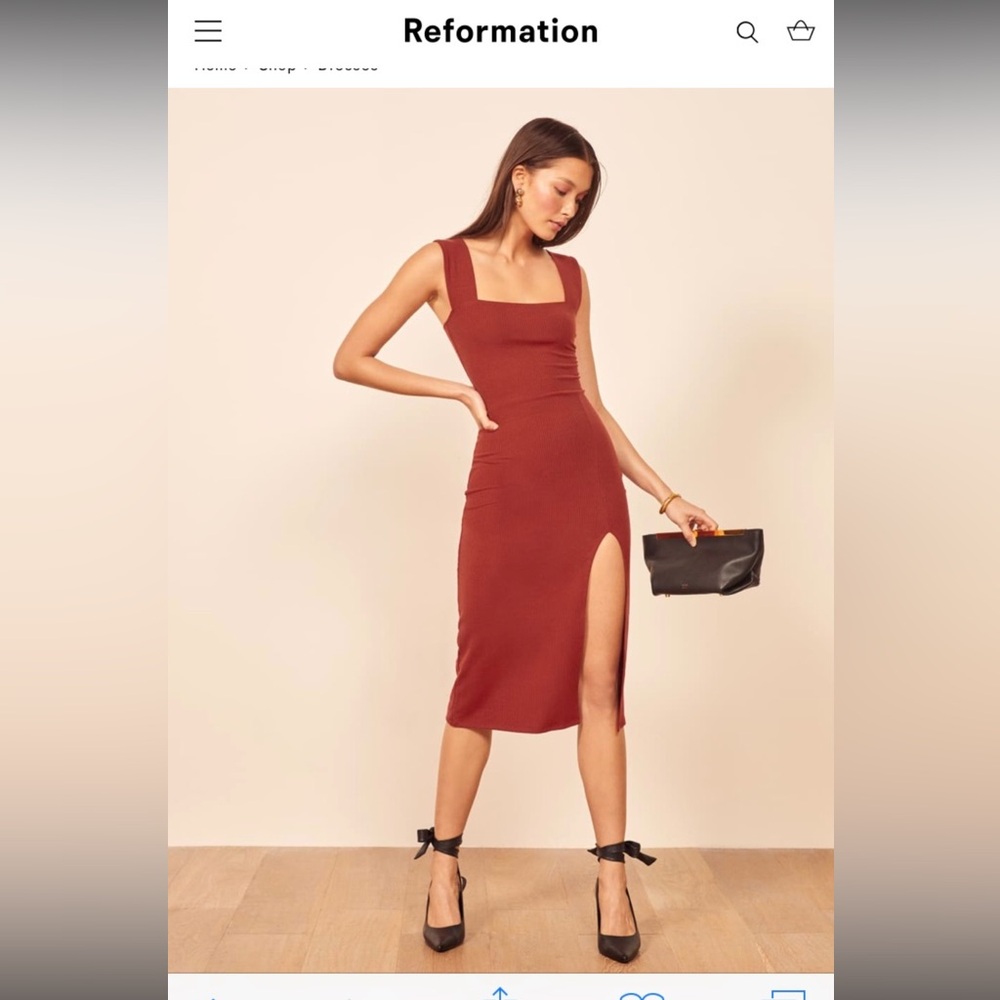 Reformation Rust Square-Neck Midi Dress with High Side Slit